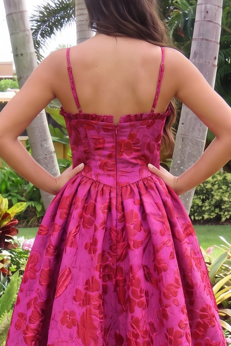 Load image into Gallery viewer, Floral Hot Pink Ball Gown Jacquard Ruffled Corset Spaghetti Straps Long Prom Dress