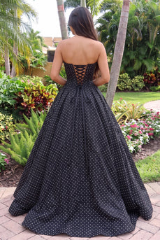 Princess Black Corset Polka Dots Strapless High-Low Prom Dress