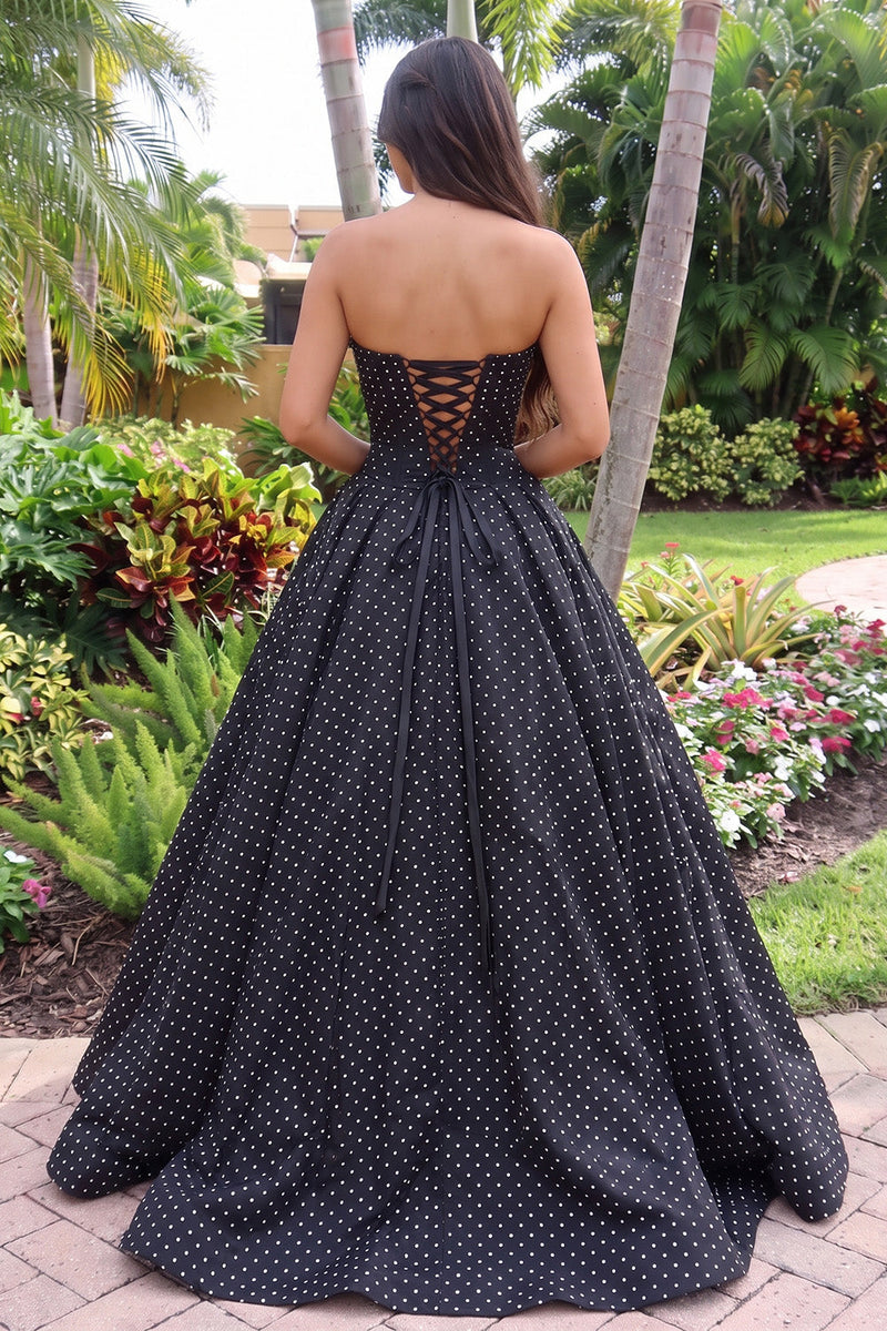 Load image into Gallery viewer, Princess Black Corset Polka Dots Strapless High-Low Prom Dress