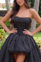 Load image into Gallery viewer, Princess Black Corset Polka Dots Strapless High-Low Prom Dress