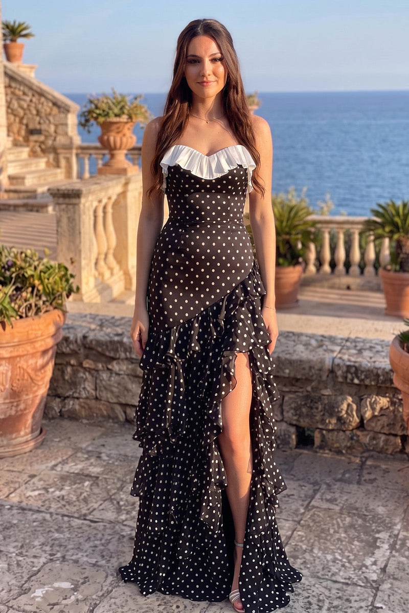 Load image into Gallery viewer, Black Sheath Polka Dots Ruffled Tiered Sweetheart Long Prom Dress with Slit