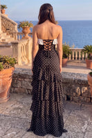 Load image into Gallery viewer, Black Sheath Polka Dots Ruffled Tiered Sweetheart Long Prom Dress with Slit
