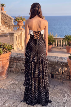 Black Sheath Polka Dots Ruffled Tiered Sweetheart Long Prom Dress with Slit