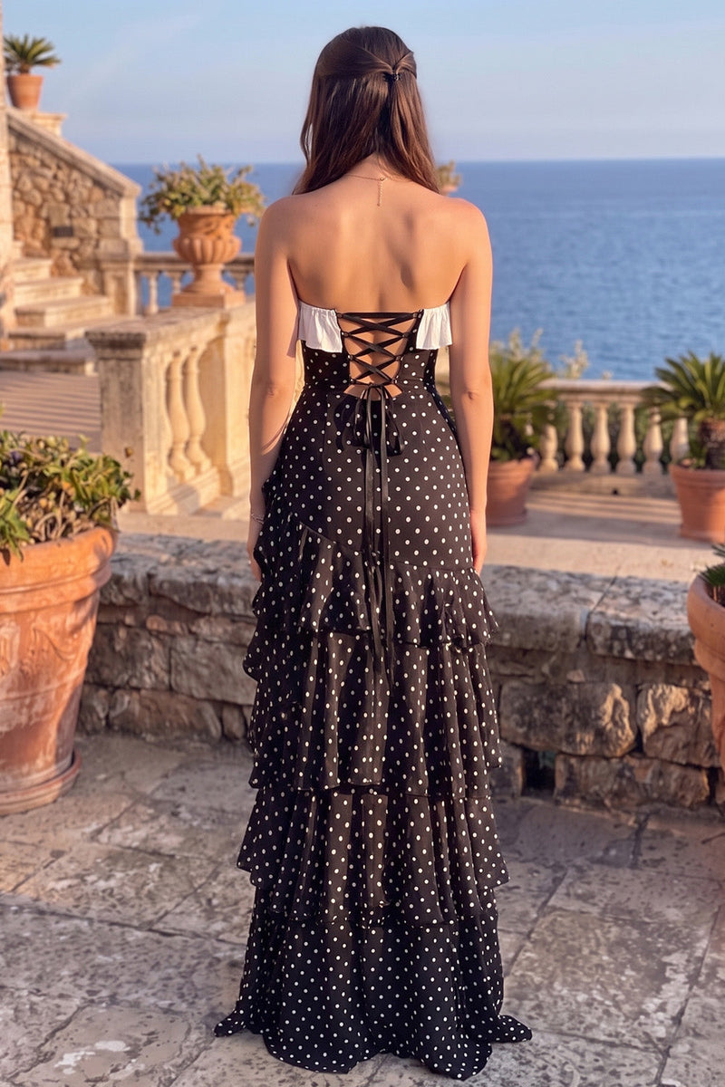 Load image into Gallery viewer, Black Sheath Polka Dots Ruffled Tiered Sweetheart Long Prom Dress with Slit