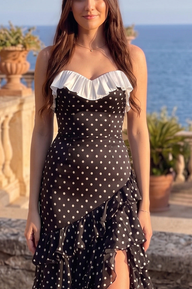 Load image into Gallery viewer, Black Sheath Polka Dots Ruffled Tiered Sweetheart Long Prom Dress with Slit