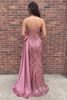 Sparkly Pink Floral Mermaid Sequin Long Prom Dress with Bow