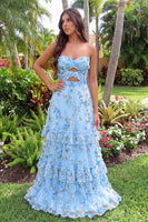 Load image into Gallery viewer, Blue Ruffled A-Line Cut Out Long Prom Dress with 3D Flowers