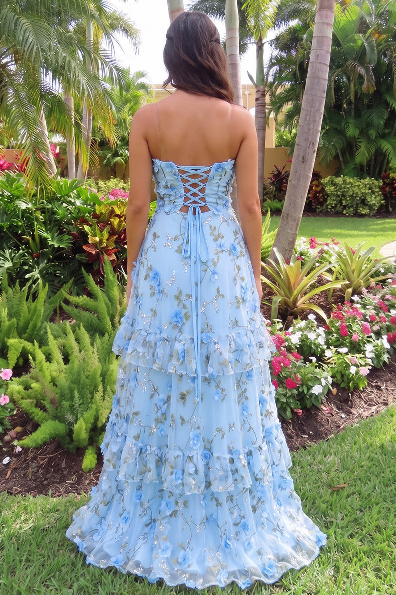 Load image into Gallery viewer, Blue Ruffled A-Line Cut Out Long Prom Dress with 3D Flowers