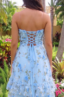 Load image into Gallery viewer, Blue Ruffled A-Line Cut Out Long Prom Dress with 3D Flowers