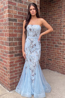 Load image into Gallery viewer, Sparkly Blue Strapless Sequin Mermaid Ruffled Long Prom Dress