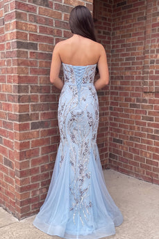 Sparkly Blue Strapless Sequin Mermaid Ruffled Long Prom Dress