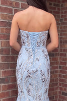 Load image into Gallery viewer, Sparkly Blue Strapless Sequin Mermaid Ruffled Long Prom Dress