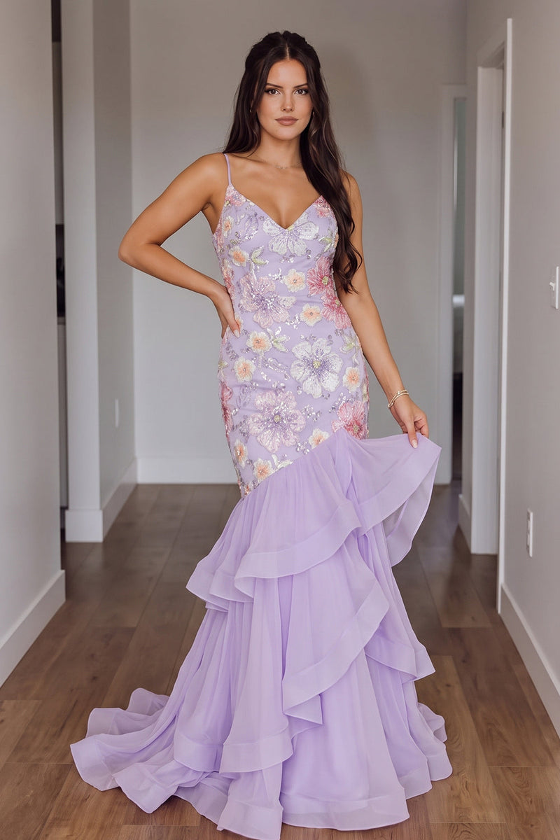 Load image into Gallery viewer, Sparkly Light Purple Floral Mermaid Ruffled Sequin Long Prom Dress