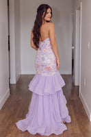 Load image into Gallery viewer, Sparkly Light Purple Floral Mermaid Ruffled Sequin Long Prom Dress