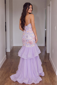Sparkly Light Purple Floral Mermaid Ruffled Sequin Long Prom Dress