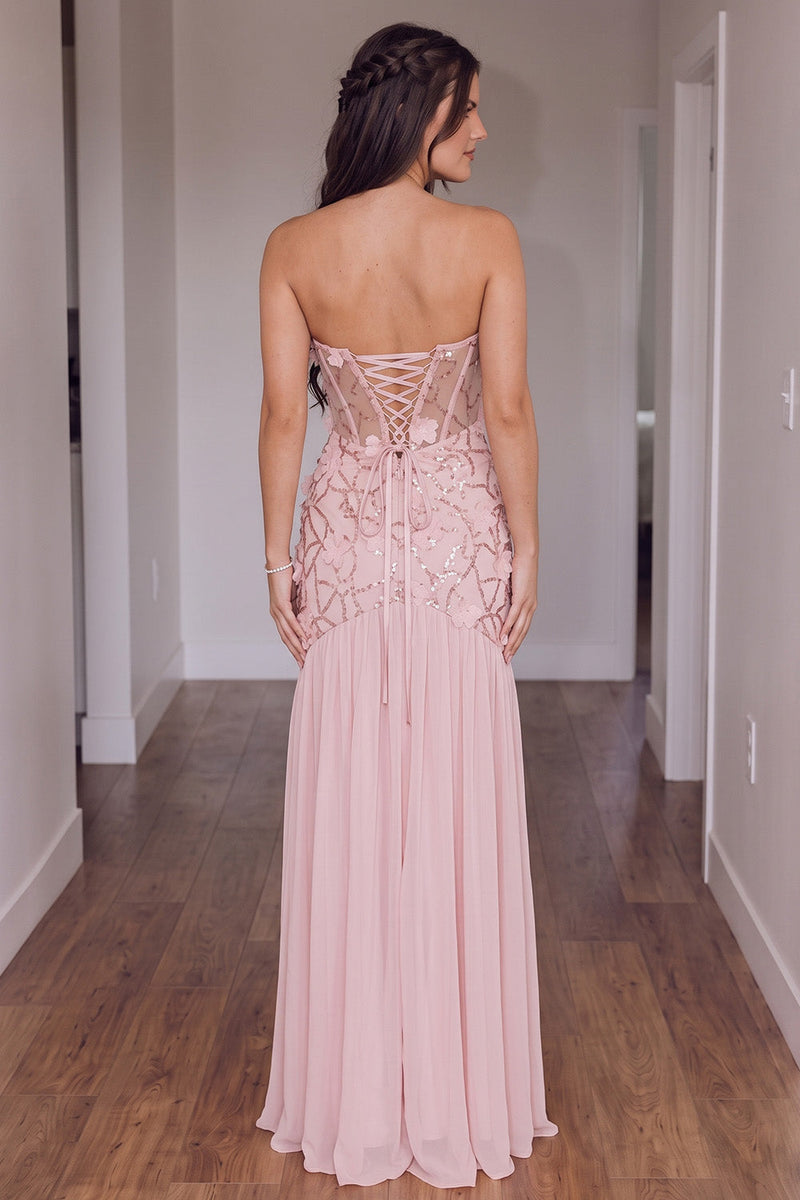 Load image into Gallery viewer, Sparkly Floral Pink Corset Mermaid Sequin Sweetheart Long Prom Dress