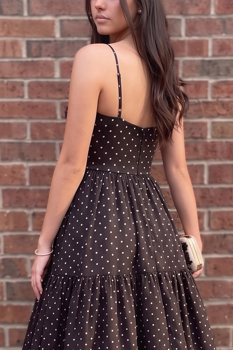 Load image into Gallery viewer, Black Polka Dots A Line Corset Spaghetti Straps Long Prom Dress with Bow