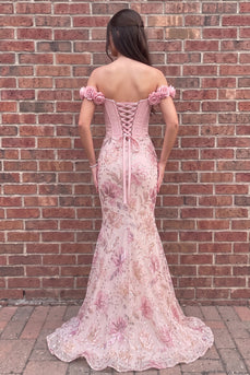 Sparkly Pink Corset Mermaid Off the Shoulder Sequin Long Prom Dress with 3D Flowers