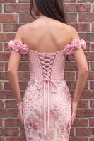 Load image into Gallery viewer, Sparkly Pink Corset Mermaid Off the Shoulder Sequin Long Prom Dress with 3D Flowers