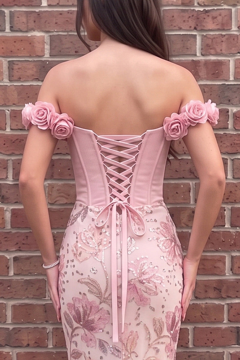 Load image into Gallery viewer, Sparkly Pink Corset Mermaid Off the Shoulder Sequin Long Prom Dress with 3D Flowers