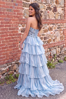 Sparkly Blue A Line Floral Sweetheart Ruffled Long Prom Dress with Sequins