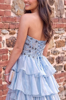 Load image into Gallery viewer, Sparkly Blue A Line Floral Sweetheart Ruffled Long Prom Dress with Sequins