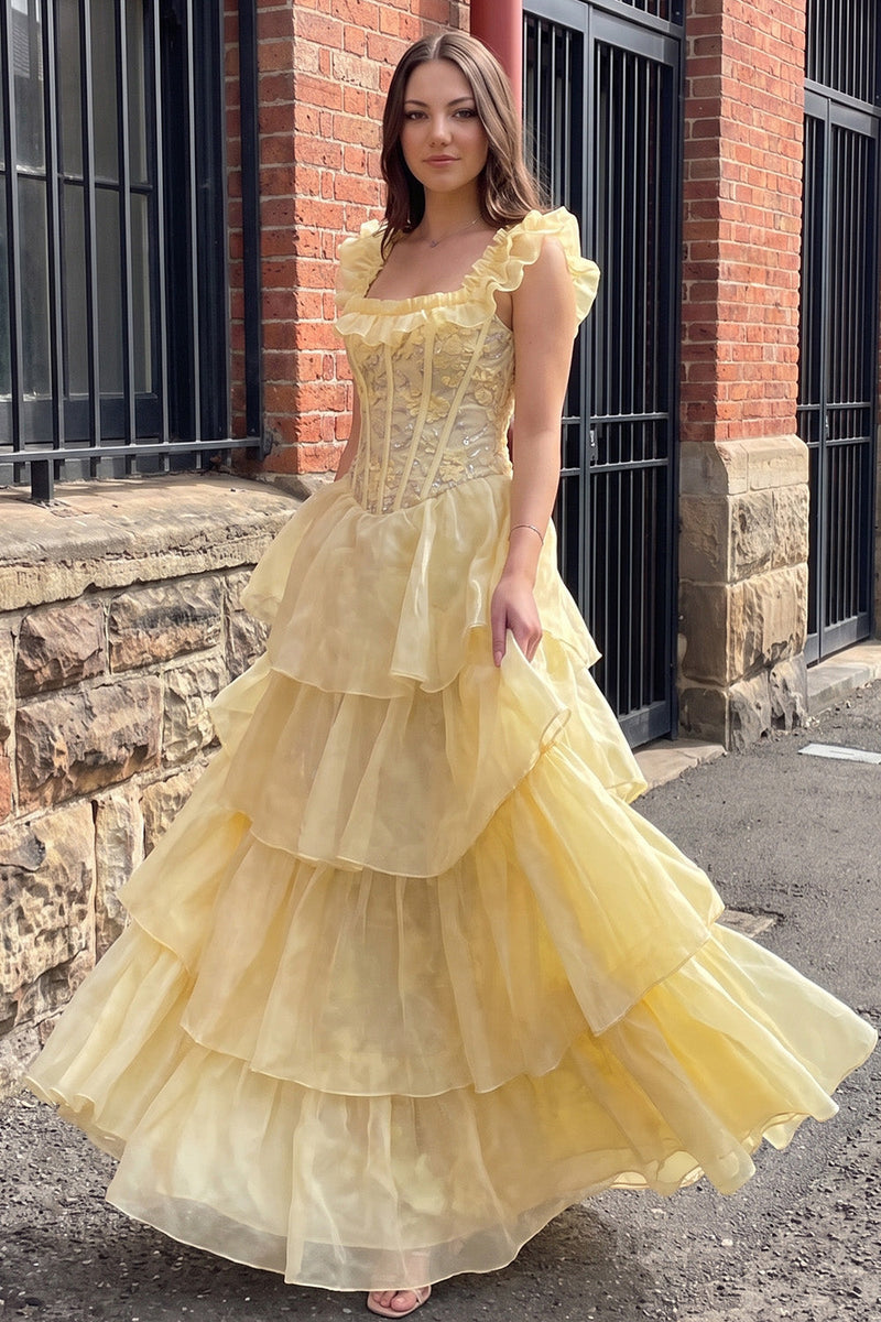 Load image into Gallery viewer, Sparkly Floral Yellow Ruffled Corset A Line Long Prom Dress with Sequins