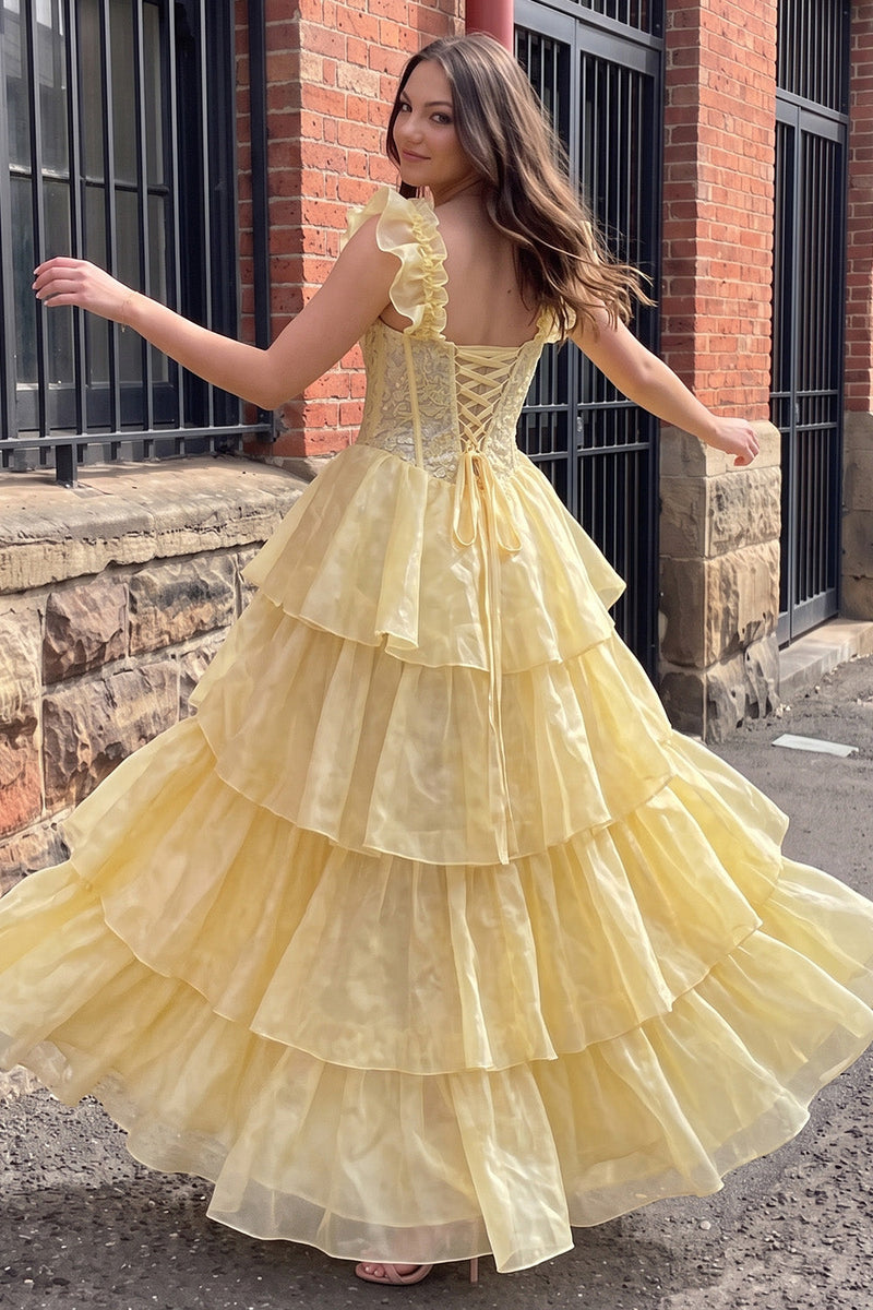 Load image into Gallery viewer, Sparkly Floral Yellow Ruffled Corset A Line Long Prom Dress with Sequins
