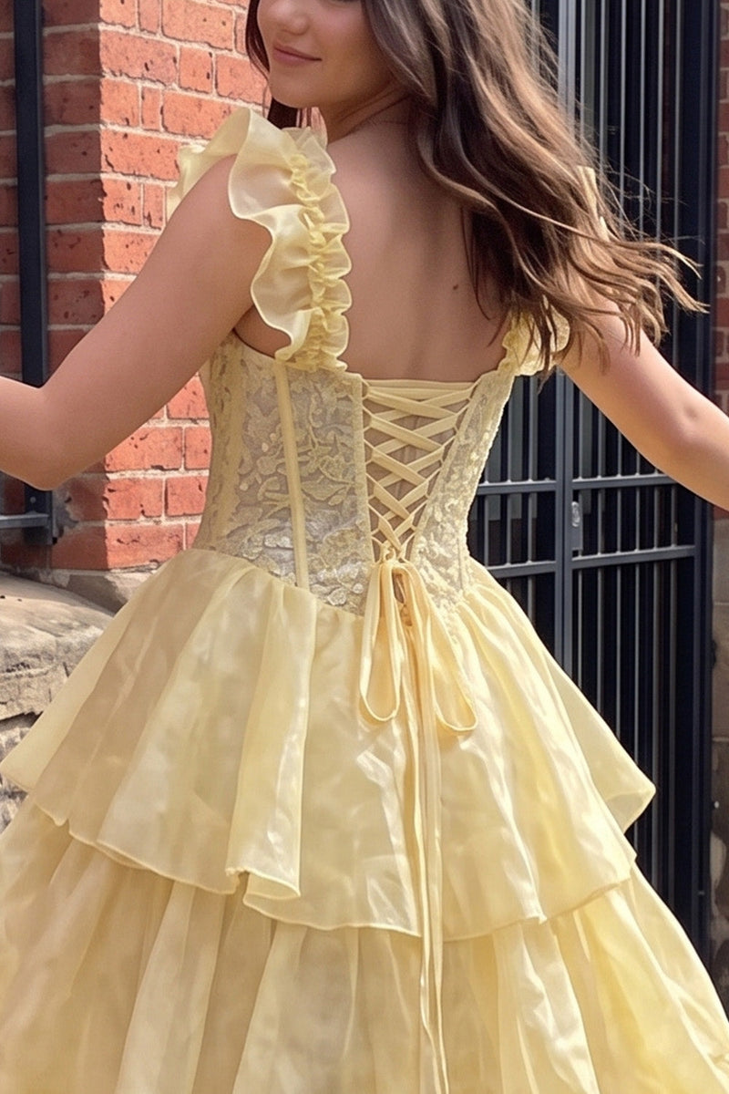 Load image into Gallery viewer, Sparkly Floral Yellow Ruffled Corset A Line Long Prom Dress with Sequins