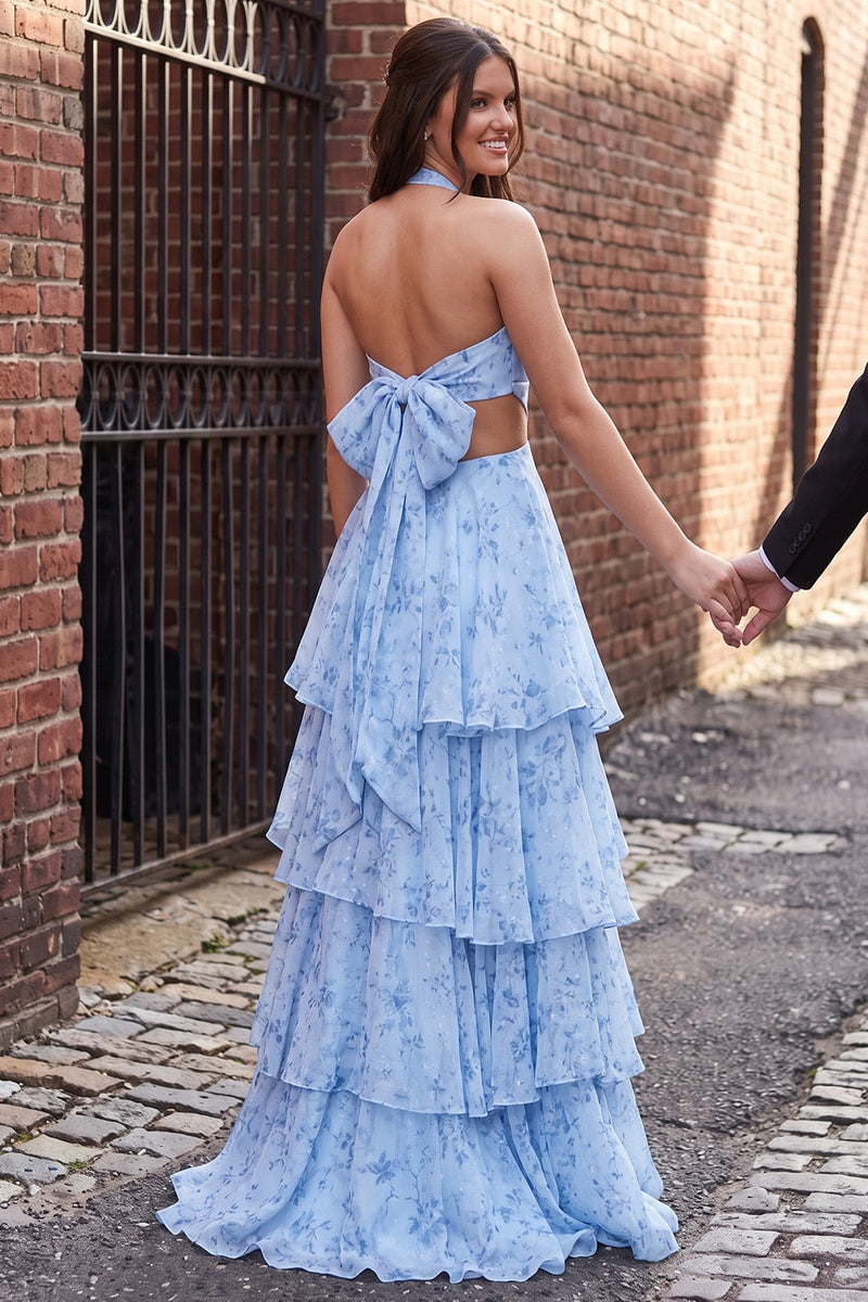 Load image into Gallery viewer, Floral Blue A Line Ruffled Halter Cut Out Long Prom Dress