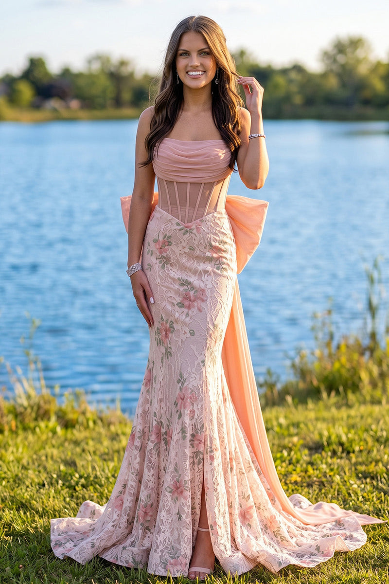 Load image into Gallery viewer, Floral Pink Mermaid Corset Strapless Long Prom Dress with Bow