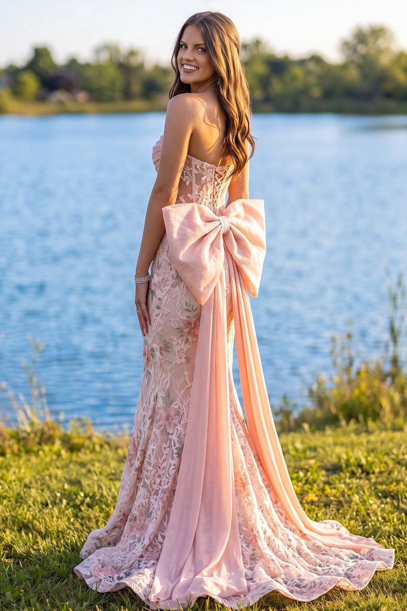Load image into Gallery viewer, Floral Pink Mermaid Corset Strapless Long Prom Dress with Bow