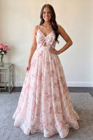 Load image into Gallery viewer, Pink Floral A-Line Spaghetti Straps Long Prom Dress with Keyhole