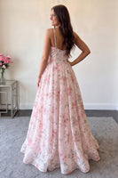 Load image into Gallery viewer, Pink Floral A-Line Spaghetti Straps Long Prom Dress with Keyhole