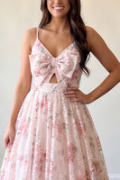 Load image into Gallery viewer, Pink Floral A-Line Spaghetti Straps Long Prom Dress with Keyhole