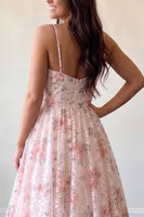 Load image into Gallery viewer, Pink Floral A-Line Spaghetti Straps Long Prom Dress with Keyhole