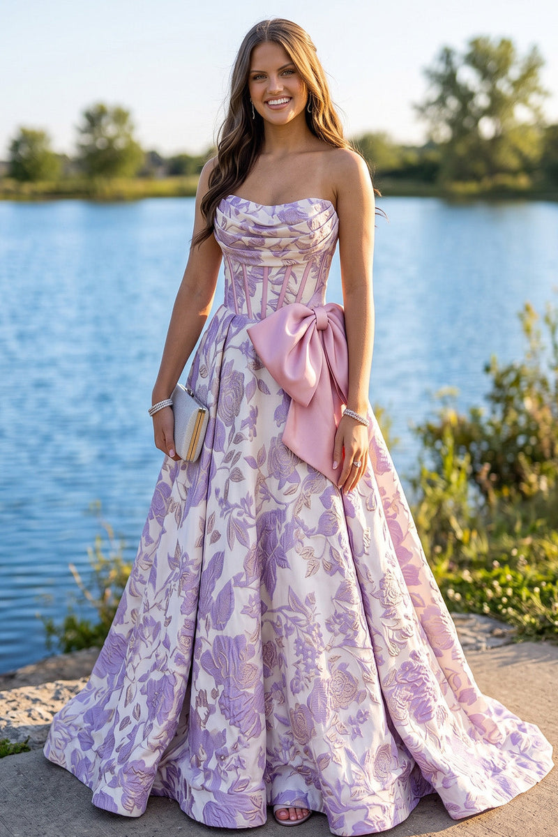 Load image into Gallery viewer, Purple Floral Corset Strapless Jacquard A Line Long Prom Dress with Bow