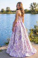 Load image into Gallery viewer, Purple Floral Corset Strapless Jacquard A Line Long Prom Dress with Bow