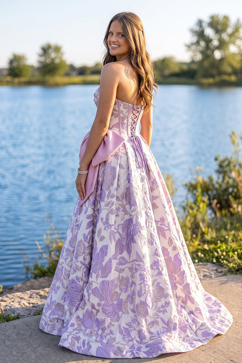 Load image into Gallery viewer, Purple Floral Corset Strapless Jacquard A Line Long Prom Dress with Bow