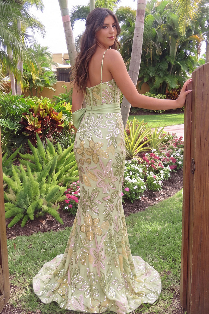 Load image into Gallery viewer, Sparkly Green Floral Corset Mermaid Sequin Long Prom Dress with Bow