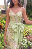 Load image into Gallery viewer, Sparkly Green Floral Corset Mermaid Sequin Long Prom Dress with Bow
