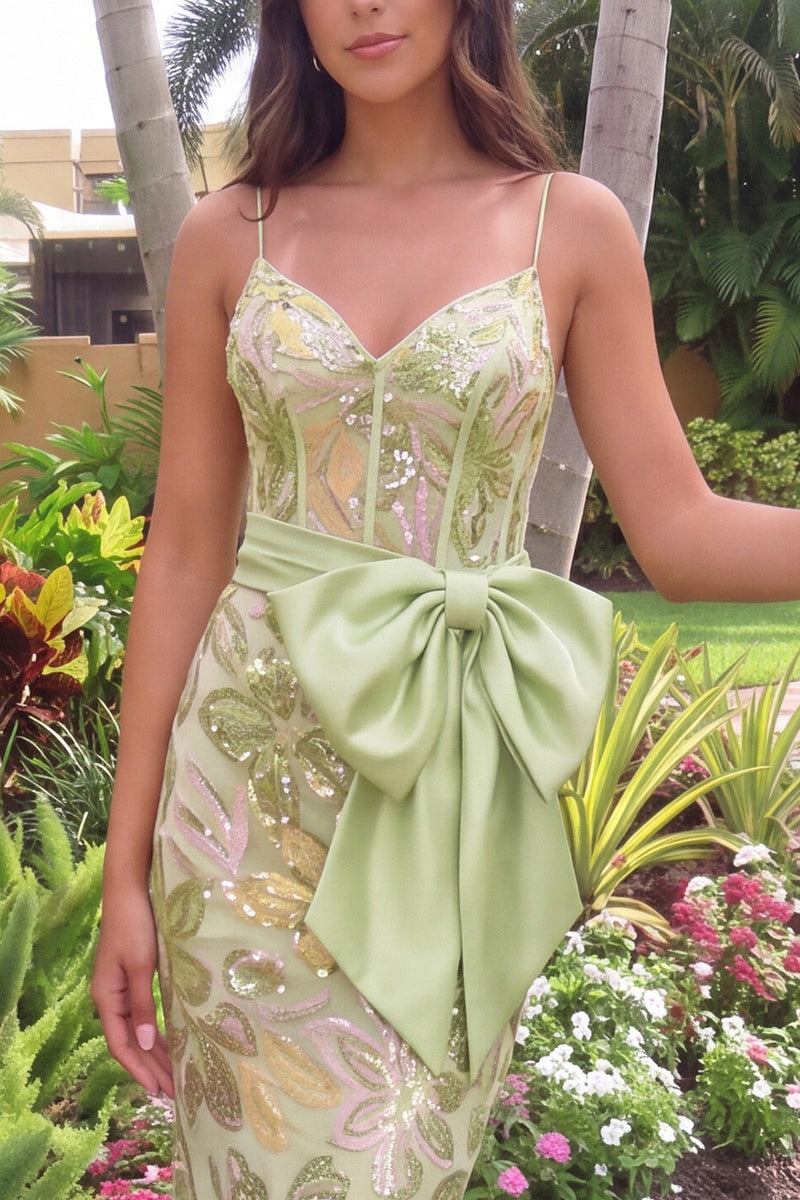 Load image into Gallery viewer, Sparkly Green Floral Corset Mermaid Sequin Long Prom Dress with Bow