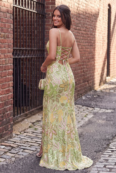 Sparkly Green Mermaid Floral Sequin Cut Out Spaghetti Straps Long Prom Dress with Slit