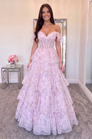 Load image into Gallery viewer, Pink Floral Corset Ruffled A-Line Off the Shoulder Long Prom Dress