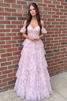Load image into Gallery viewer, Pink A Line Corset Off the Shoulder Ruffled Floral Long Prom Dress
