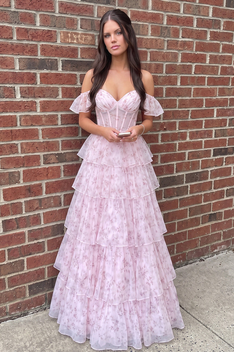 Load image into Gallery viewer, Pink A Line Corset Off the Shoulder Ruffled Floral Long Prom Dress