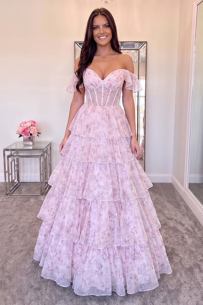 Load image into Gallery viewer, Pink Floral Corset Ruffled A-Line Off the Shoulder Long Prom Dress