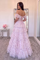 Load image into Gallery viewer, Pink Floral Corset Ruffled A-Line Off the Shoulder Long Prom Dress