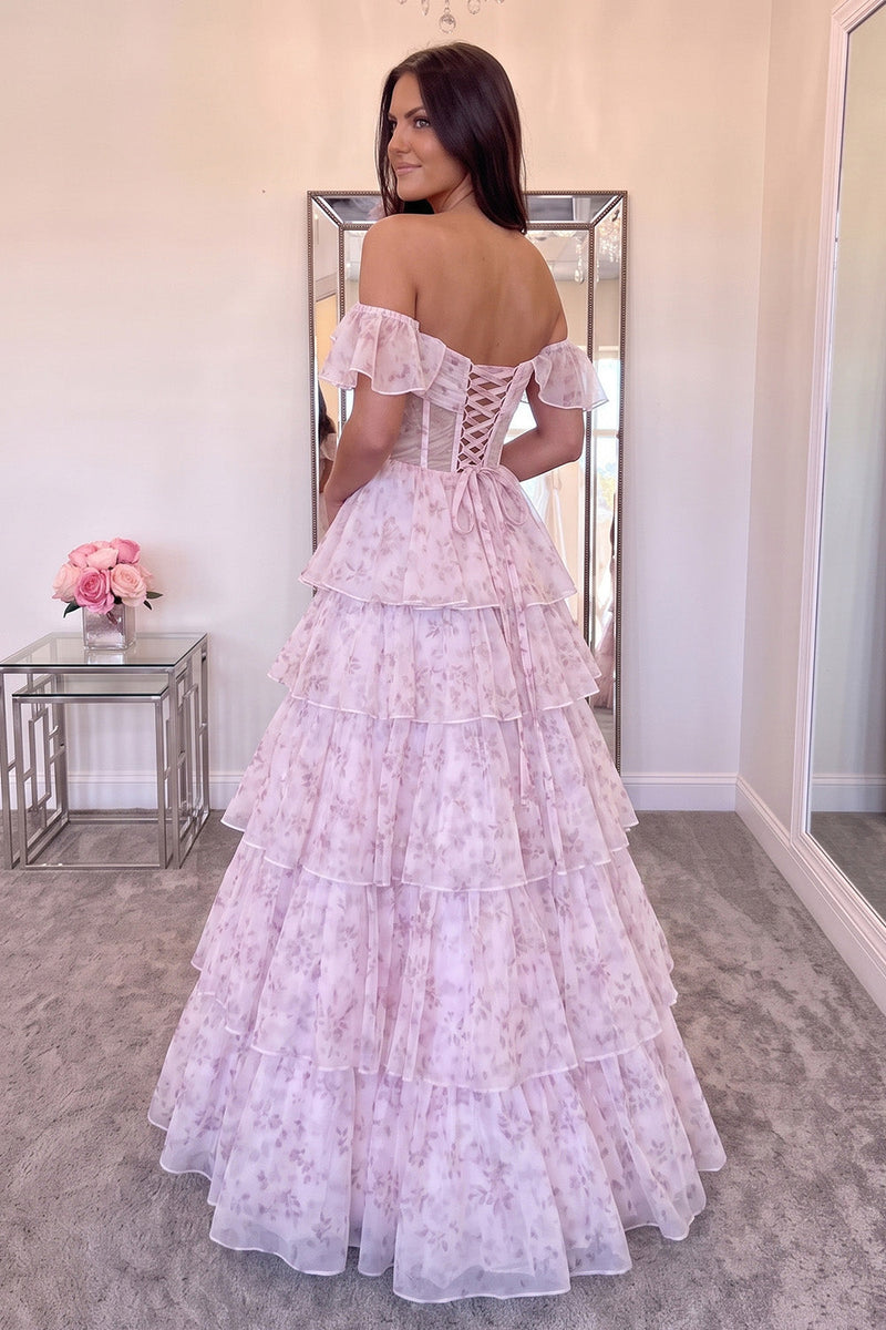 Load image into Gallery viewer, Pink Floral Corset Ruffled A-Line Off the Shoulder Long Prom Dress
