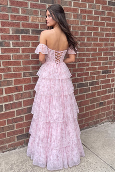 Pink A Line Corset Off the Shoulder Ruffled Floral Long Prom Dress